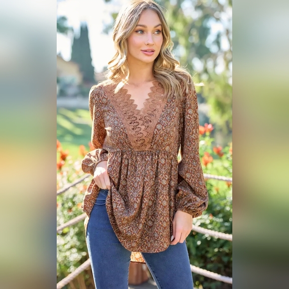 Tops - Elegant Brown Lace Trim Women's Top